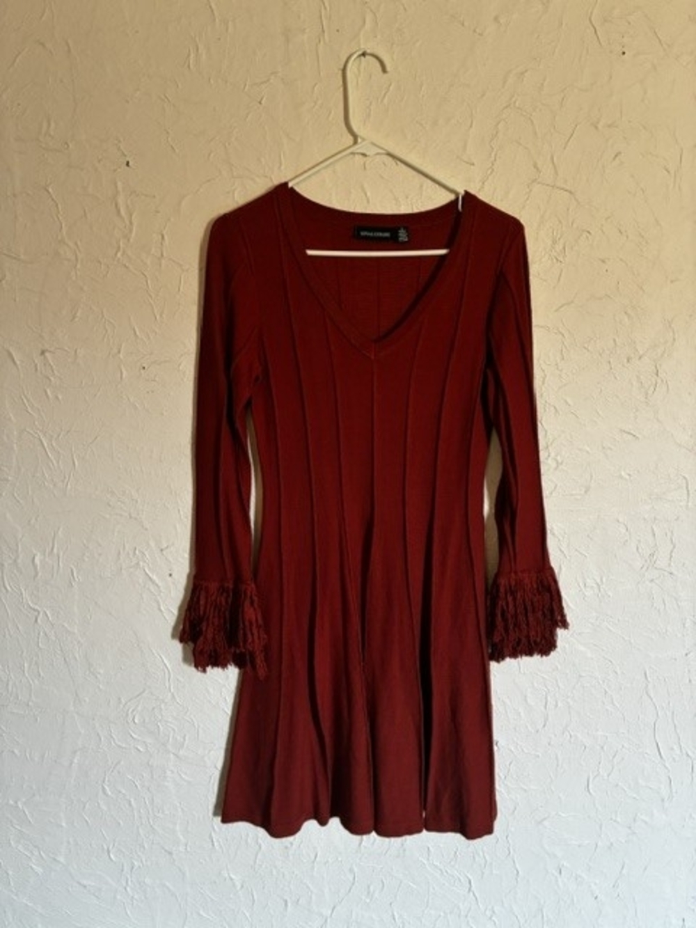 Nina Leonard Rust Knit Fit-and-Flare Dress with Fringe Sleeves - Picture 2 of 9